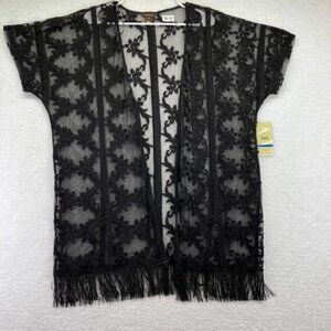 New Multiples Womens Kimono Cover Up Size XL Open Front Swim Black‎ Lace Fringe